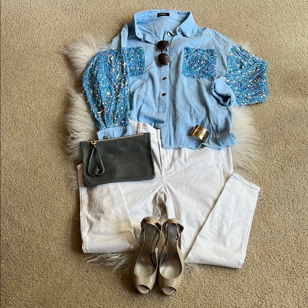 Light Blue Shirt with Sequin Sleeves